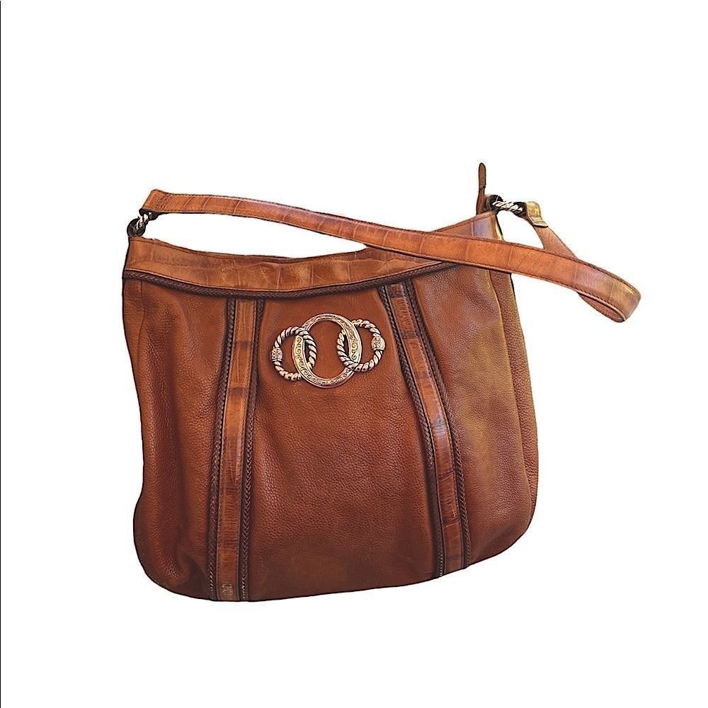Brighton Vintage Brown Leather Purse Shoulder Bag Triple Ring Detail Front